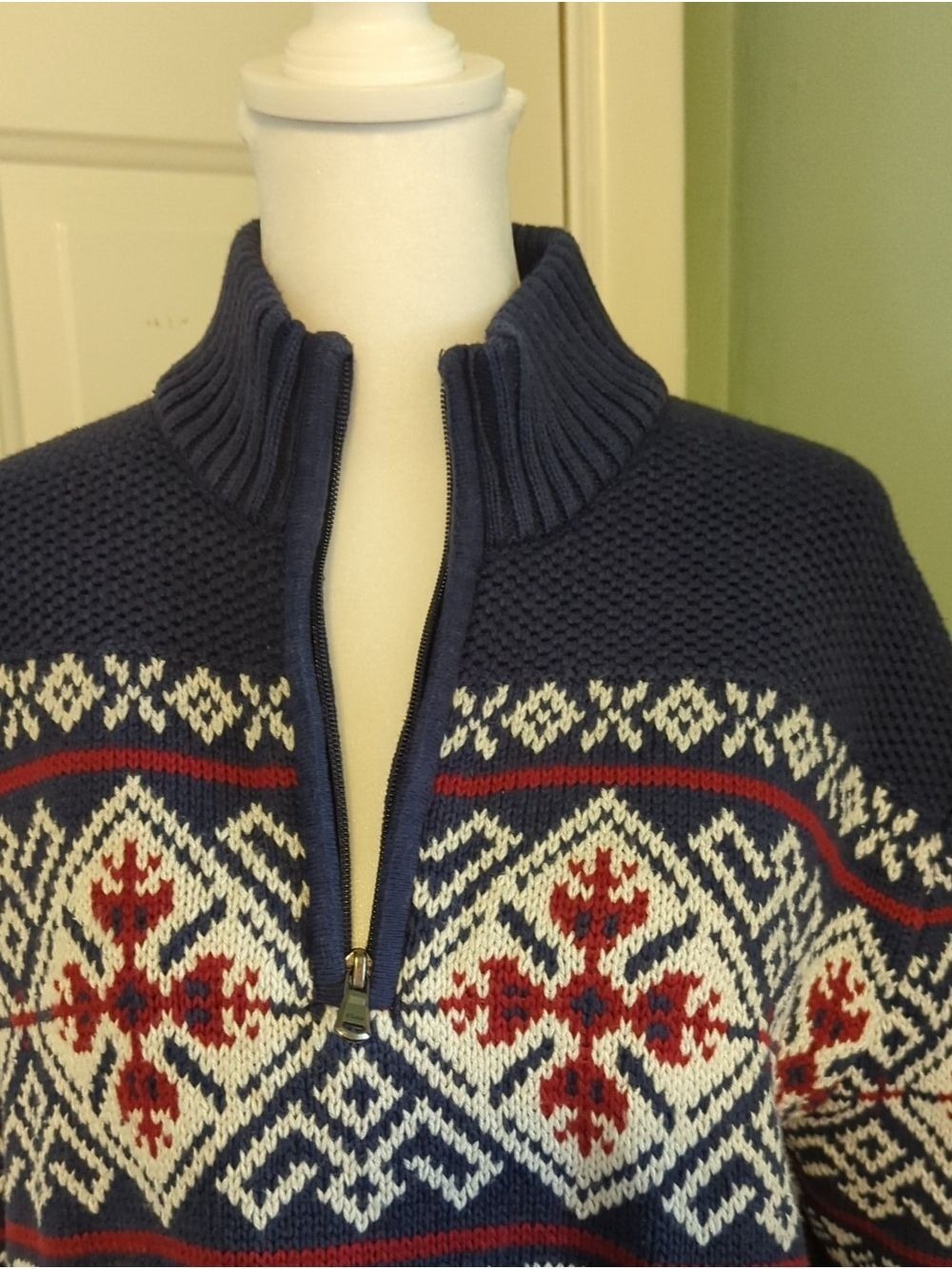 Izod Navy Fair Isle Quarter-Zip Sweater Red White XL Women's Ski Snow Holiday - Picture 4 of 11